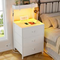 【dealsforyoudays】Raybee Tall Nightstand with Charging Station and Led Lights Nightstand with 3 Drawers and Shelves Bedsid...
