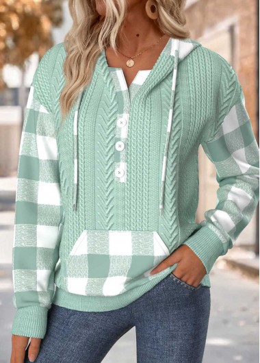 Modlily Sage Green Tummy Coverage Plaid Long Sleeve Hoodie - L