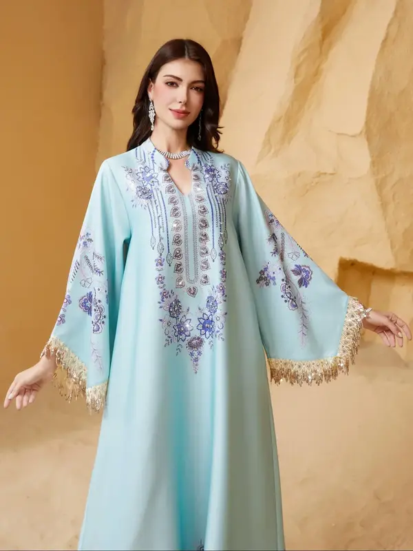 Women's Embroidered Sequin Dress, Elegant Long Sleeve Arabic Maxi Dress for Party Evening Formal Occasions, Ladies' Islamic C...