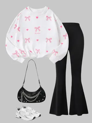 Girls' Bow Print Hoodie & Wide Leg Pants Set, Casual Loose Fit for Ages 8-12, Perfect for Daily Wear & Outdoor Activities, To...