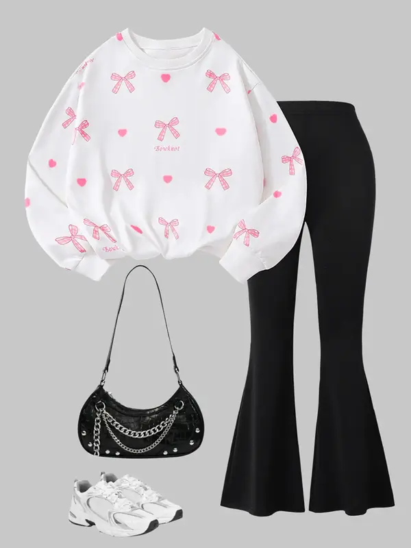 Girls' Bow Print Hoodie & Wide Leg Pants Set, Casual Loose Fit for Ages 8-12, Perfect for Daily Wear & Outdoor Activities, To...