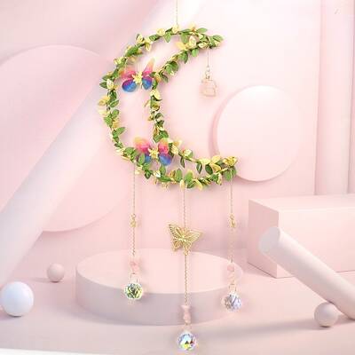 Wire Wrapped Natural Rose Quartz & Brass Moon Pendant Decorations