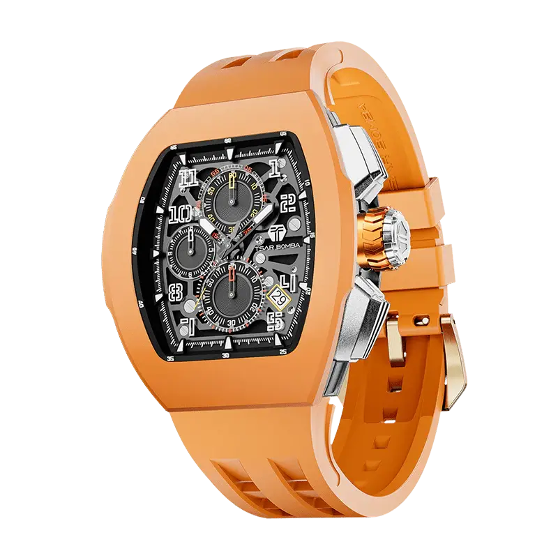 TSAR BOMBA Men's Quartz Watch | Orange | Atomic TB8214 | Fluororubber Bezel | Luxury Sport Watch | 50M Waterproof Sapphire Gl...