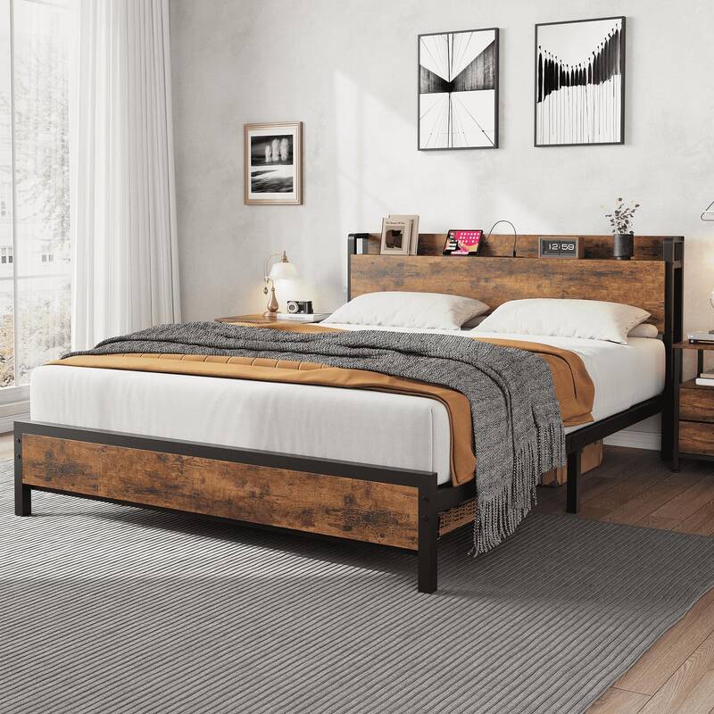 Garvee Full Size Bed Frame with Charging Station, 2 USB Ports & 2 AC Outlets, Heavy Duty Metal Bed Frame with Wooden Headboar...