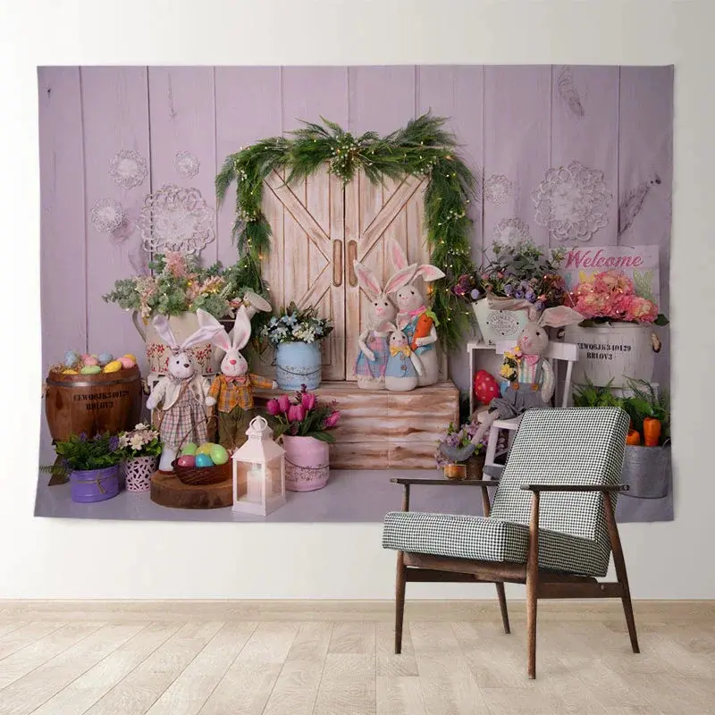 Aperturee Rabbit Family Wood Door Garden Easter Day Backdrop