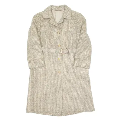 DELMOD Belted Womens Overcoat Coat Beige Wool 90s Herringbone M