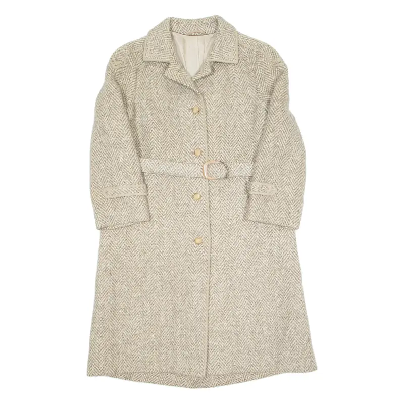 DELMOD Belted Womens Overcoat Coat Beige Wool 90s Herringbone M