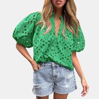 PrettyGarden Women's Summer Tops Dressy Casual Short Lantern Sleeve V Neck Buttons Hollow Out Lace Embroidered Blouses Shirts...