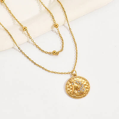 Fashionable Stainless Steel Double Layer Flat Round Pendant Necklaces for Women
