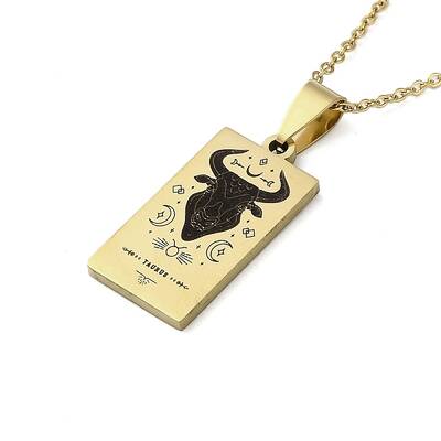 304 Stainless Steel Black Enamel Rectangle with Constellation Pendant Necklaces