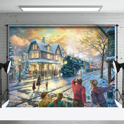 Steam Train Path Winter Town Christmas Backdrop - Aperturee