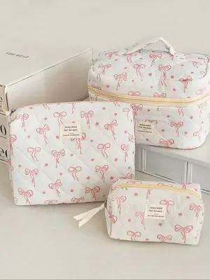 Bow & Flower Pattern Quilted Makeup Bag, /set Cute Portable Cosmetic Storage Bag, Travel Essential Makeup Bag, Daily Toiletri...