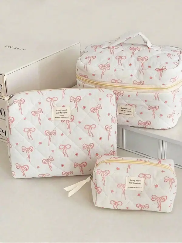 Bow & Flower Pattern Quilted Makeup Bag, /set Cute Portable Cosmetic Storage Bag, Travel Essential Makeup Bag, Daily Toiletri...