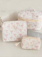 Bow & Flower Pattern Quilted Makeup Bag, Cute Portable Cosmetic Storage Bag, Travel Essential Makeup Storage Organizer, Daily...