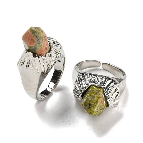 Hexagonal Prism Natural Unakite Open Cuff Rings