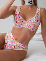 Women's Floral Print Contrast Trim Bikini Set, Casual Chic Sleeveless Swim Top & Swim Bottom Two-piece Swimsuit for Beach Hol...