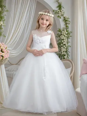 Girl's Floral Lace Bow Back Tulle Dress, Elegant Sleeveless A Line Dress for Party Wedding Guest, Kids Clothes for All Season...