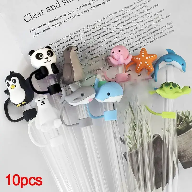 Kitchen Accessories Cartoon Animal Design Straw Cover (10pcs), Reusable Straw Topper, Decorative Straw Cap, Drinkware Accesso...