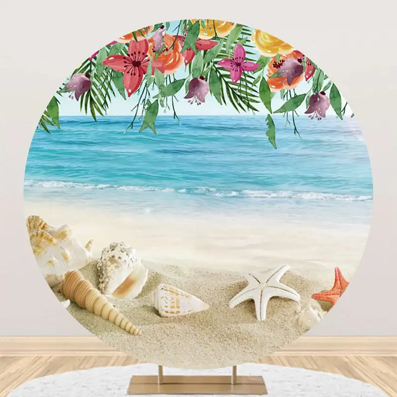 Sandy Starfish Floral Hawaii Beach Round Backdrop