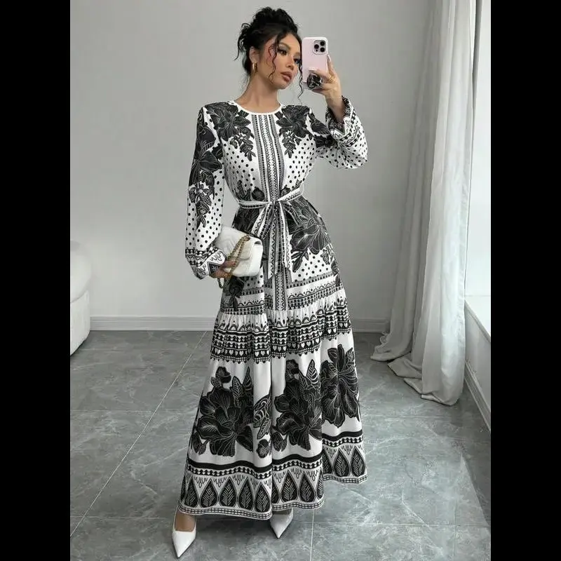 Women's Floral Print Belted Dress, Elegant Fashion Casual Patchwork Print Long Sleeve Dress for Daily Outdoor Wear, Women Dre...