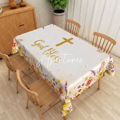 Aperturee Gold God Bless Baptism Party Rectangular Tablecloth, 52 x 70 inch, 30.82 USD, rectangle tablecloths, ZWH01872-A