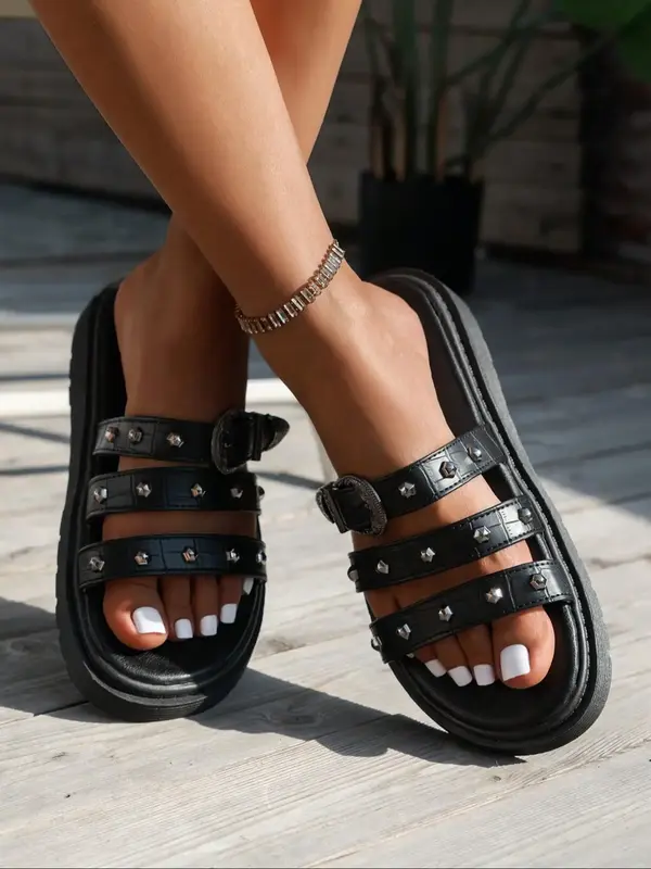 Women's Black Studded Decorated Pu Leather Slides, Elegant Buckle Decorated Slippers, Strap Sandals, Ladies Slippers, Comfort...