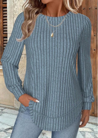 Modlily Dusty Blue Long Sleeve Round Neck Sweatshirt - L