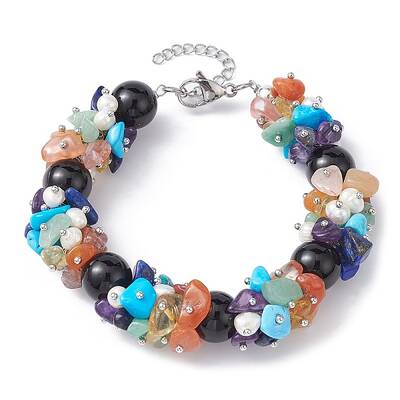 Natural Black Onyx Round & Mixed Stone Chips & Pearl Beaded Bracelet