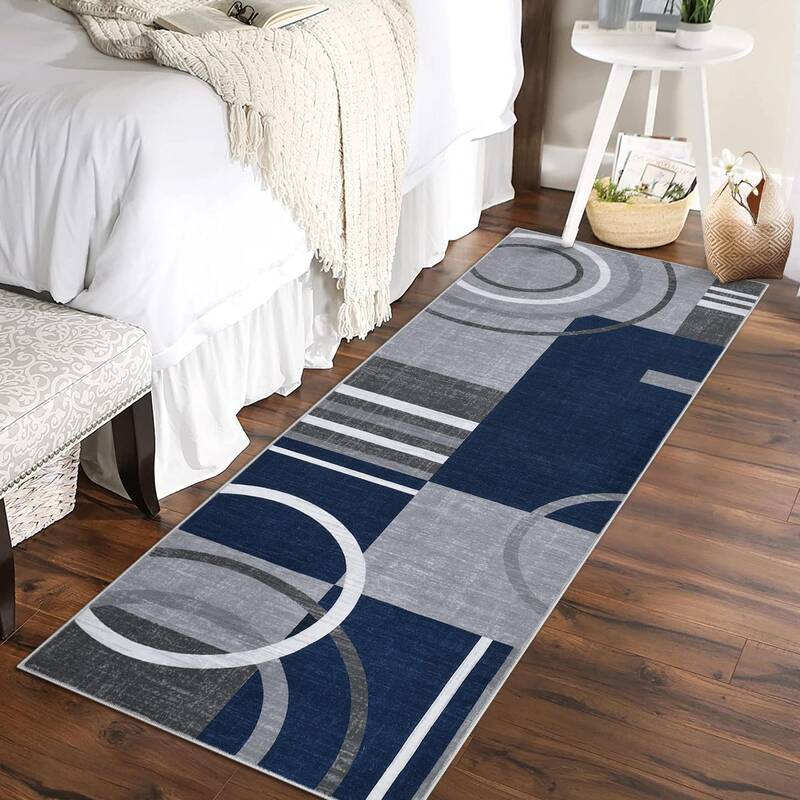 Garvee Modern Navy Blue 2x8 Geometric Washable Runner Rug Non-Slip Stain-Resistant 100% Polyester Low Pile Durable Edges for ...