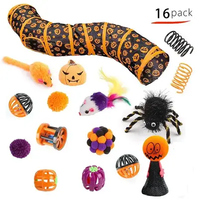 Pumpkin Pattern Tunnel Cat Toy Set, 16pcs/set Creative Interactive Cat Teaser Toy, Halloween Foldable Cat Tunnel, Pet Entert...