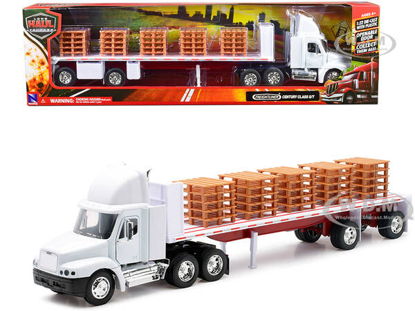 Freightliner Century Class S/T Flatbed Truck White with Pallet Accessories Long Haul Trucker Series 1/32 Diecast Model by New...
