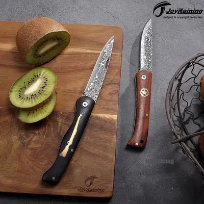 JoyRaining Damascus Folding Pocket Knife, Ebony Handle with Rifle Inlay or Rosewood with Star Inlay, Unique Cool EDC Gift for...