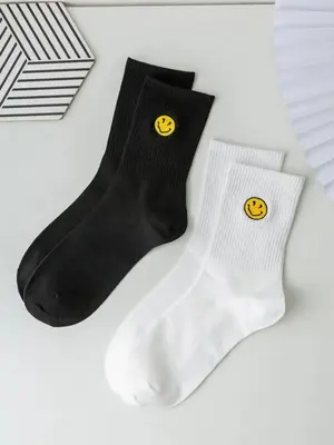 Men's Cartoon Face Embroidery Crew Socks, Comfortable Breathable Mid-Calf Design, Perfect for Daily Outdoor Use