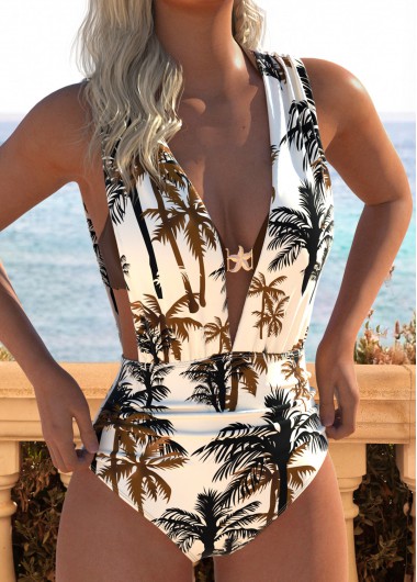 Modlily Patchwork Tropical Plants Print One Piece Swimwear and Bra - L