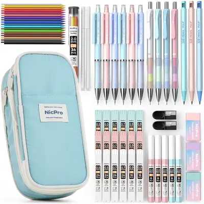 Nicpro 45PCS Aesthetic School Supplies with Big Capacity Pen Case, Pastel Mechanical Pencils 0.5, 0.7, 0.9, 2mm with 24 Tube ...