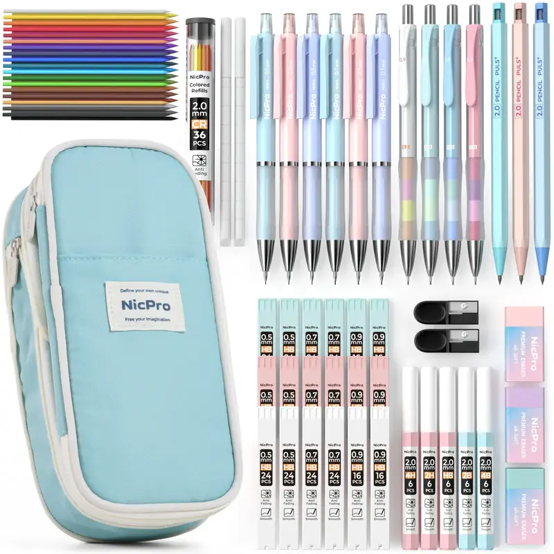 Nicpro 45PCS Aesthetic School Supplies with Big Capacity Pen Case, Pastel Mechanical Pencils 0.5, 0.7, 0.9, 2mm with 24 Tube ...