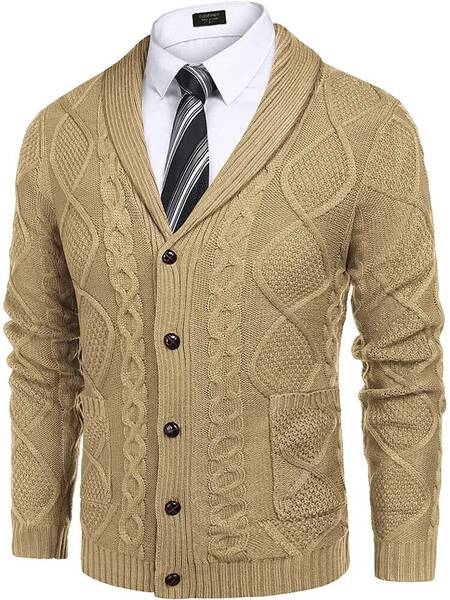 Shawl Collar Button Down Knitted Sweater with Pockets (US Only), Khaki / L