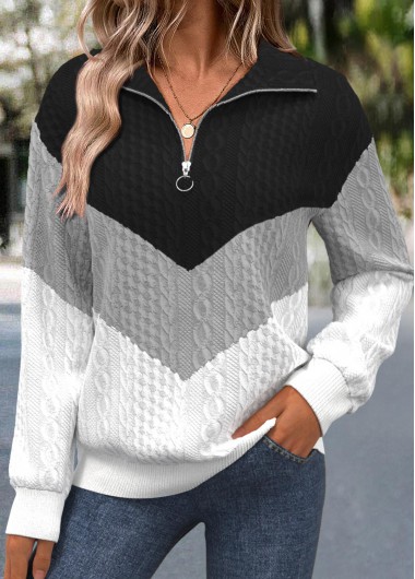 Modlily Black Jacquard Long Sleeve Turn Down Collar Sweatshirt - XXL