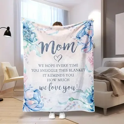 Floral & Mom Letter Pattern Flannel Blanket, Soft Warm Nap Blanket, All Season Blanket, Breathable Comfortable Blanket, Comfy...