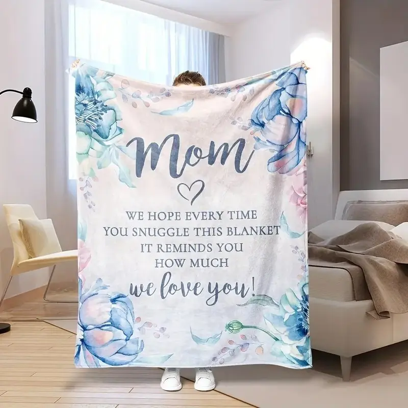 Floral & Mom Letter Pattern Flannel Blanket, Soft Warm Nap Blanket, All Season Blanket, Breathable Comfortable Blanket, Comfy...