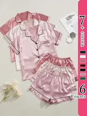 Women's Contrast Binding Satin Pajama Set, Casual Lapel Short Sleeve Shirt & Elastic Waist Shorts, Summer Clothes Women, Summ...