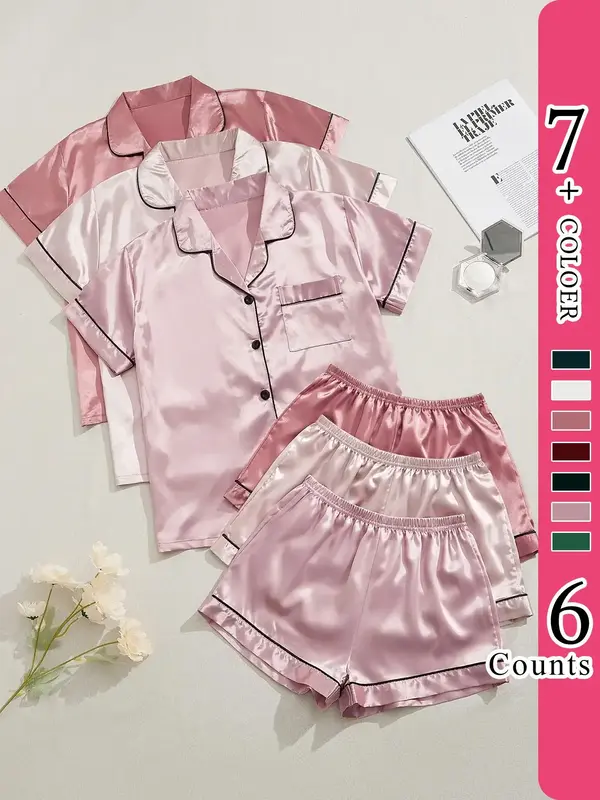 Women's Contrast Binding Satin Pajama Set, Casual Lapel Short Sleeve Shirt & Elastic Waist Shorts, Summer Clothes Women, Summ...