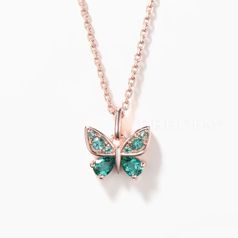 Pear Cut Emerald Butterfly Pendant Round Emerald Animal Inspired Necklace