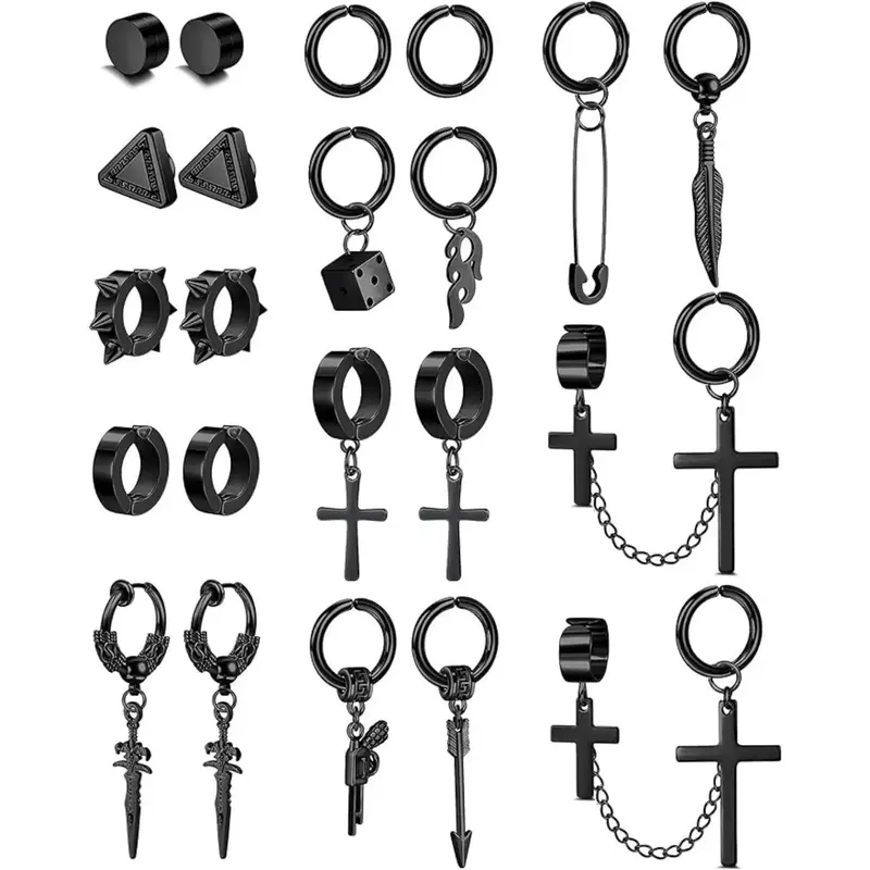 FLORIDECO 22Pcs/Set Stainless Steel Fake Earrings for Men & Women Cross Chain Pendant Hoop Earrings Set Clip on Non-Piercing ...