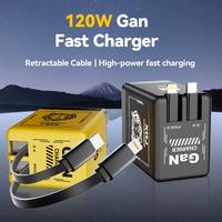2025 120W Retractable GaN Wall Charger with Dual Built-in Cables ,Fast Charging Station for Type-C & Lightning, Portable Univ...
