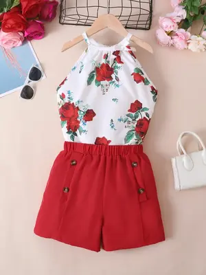 Two-Piece Set Girl's Floral Print Halter Top & Button Decor Shorts, Casual Sleeveless Top & Elastic Waist Shorts for Summer, ...