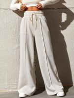 Women's Solid Drawstring High Waist Wide Leg Sweatpants, Regular Fit Minimalist Casual Elastic Waist Trousers for Daily Wear,...