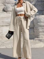 Two-piece Set Women's Solid Button Front Shirt & Drawstring Waist Wide Leg Pants, Casual Drop Shoulder Long Sleeve Top & High...
