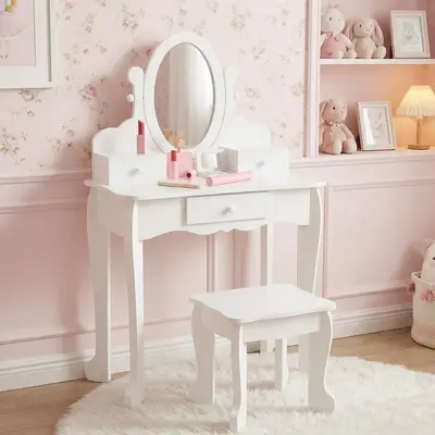 Garvee Kids Vanity Set with Adjustable Angle Mirror, Drawers and Stool Suitable for Age 3-10, White