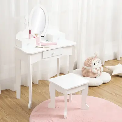 Garvee Kids Vanity Set with Adjustable Angle Mirror, Pretend Play Girls Vanity Table and Chair Set with Mirror, Stool, and Wo...